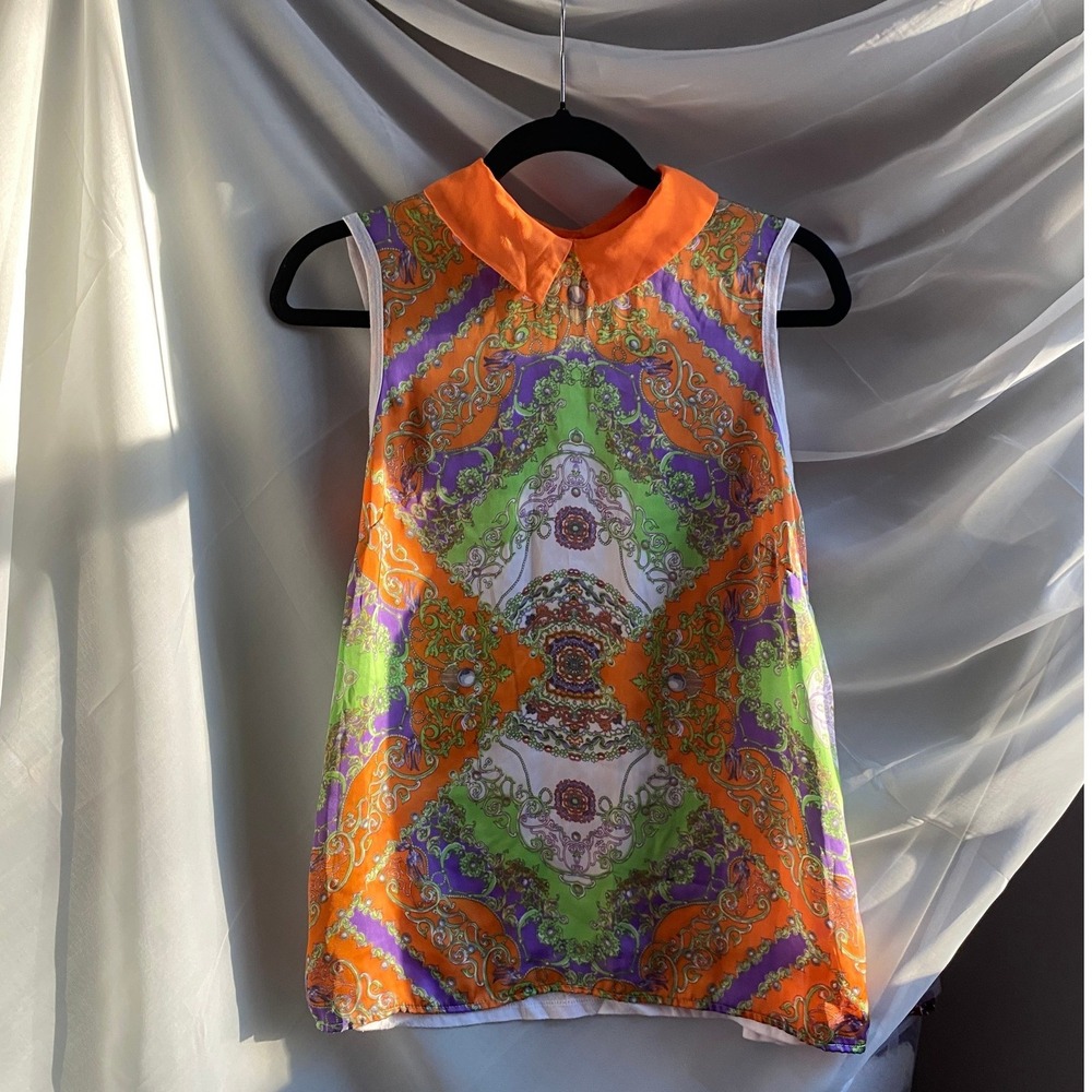 ALLEN SCHWARTZ Abstract Orange Collar Tank Top Medium Groovy Silky Boho Fest Y2K